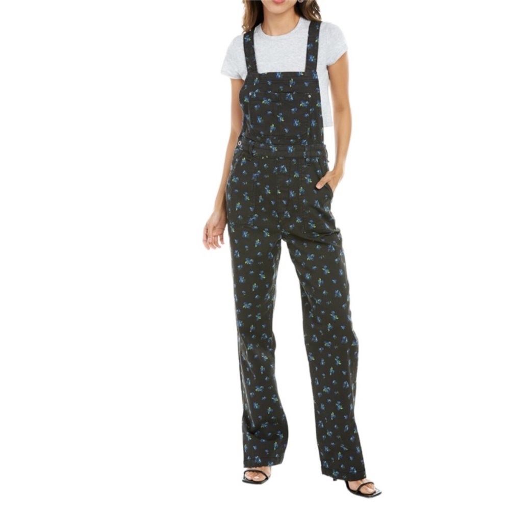 WEWOREWHAT Slouchy Black Watercolor Ditsy Slit Overalls